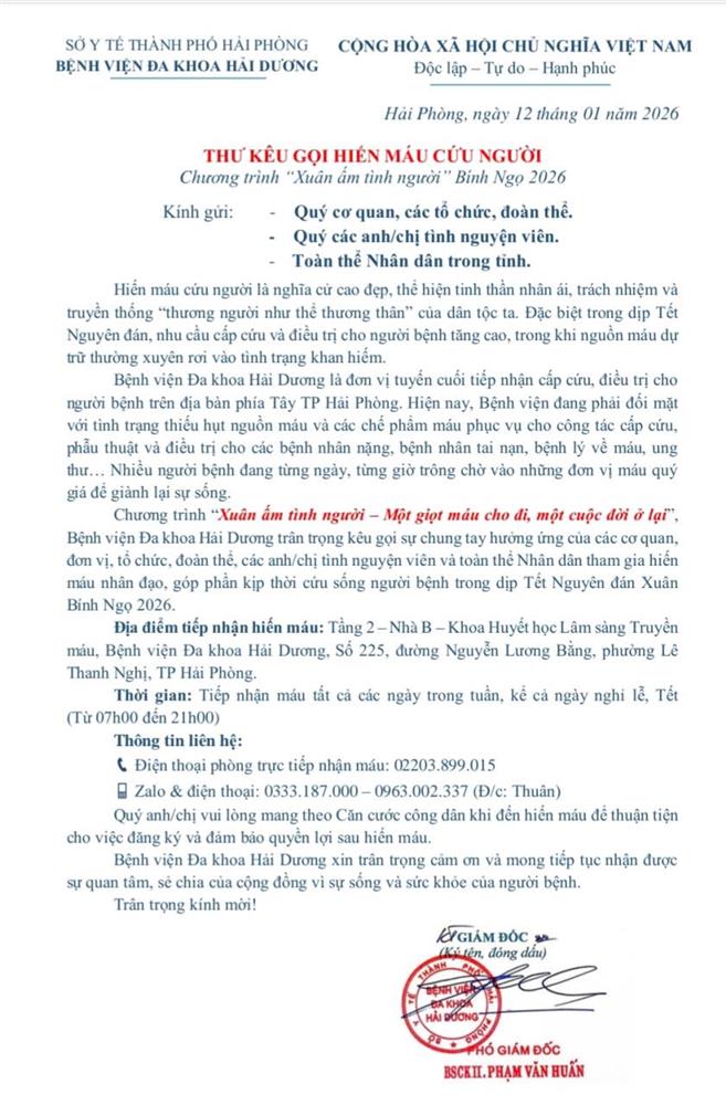 THƯ KÊU GỌI HIẾN MÁU CỨU NGƯỜI NĂM 2026
